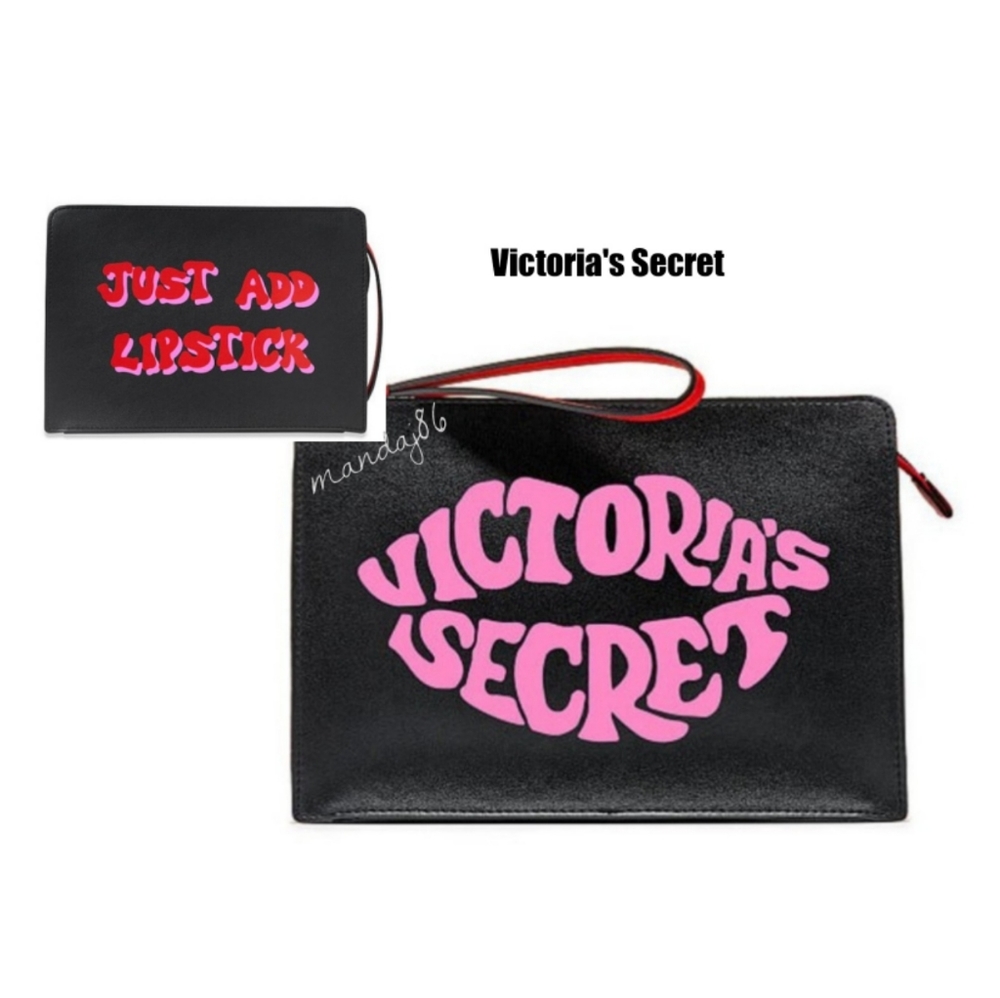 VS Pure Black Pink Just Add Lipstick Logo Zippered Beauty Bag Makeup Case NEW
